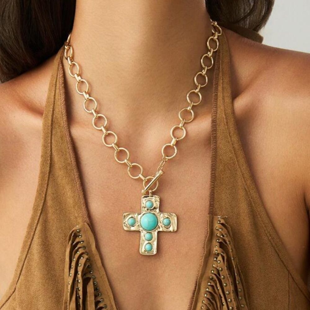Turquoise Cross Pendant Necklace #1793